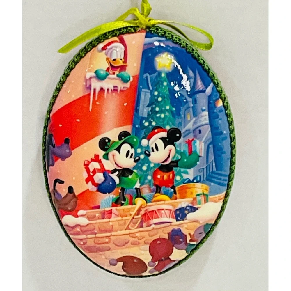 Walt Disney Mickey Minnie Mouse decoupage Christmas ornament ribbon vintage 1998
